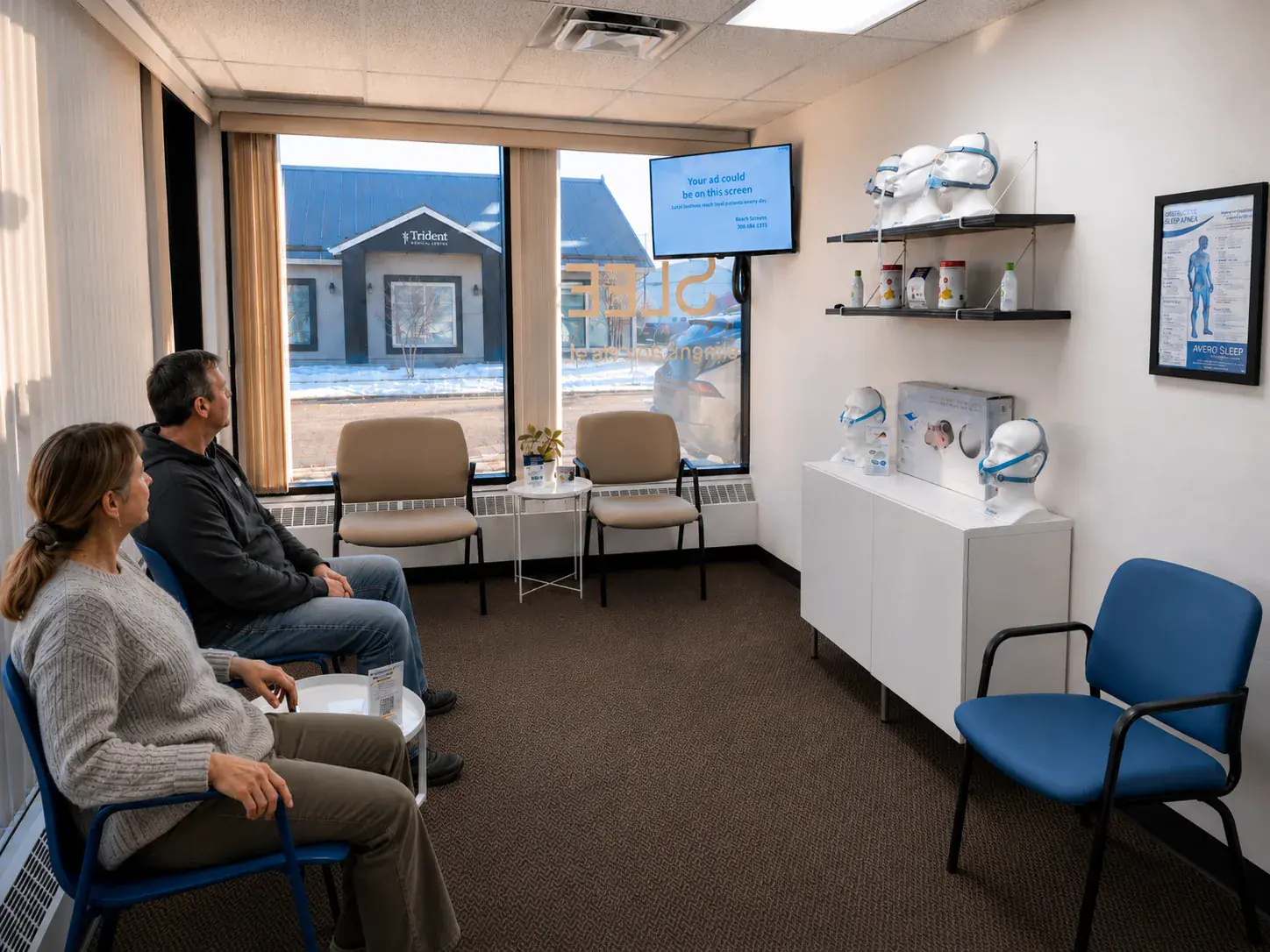 Retail showroom — customers viewing the Reach Screen on the back wall