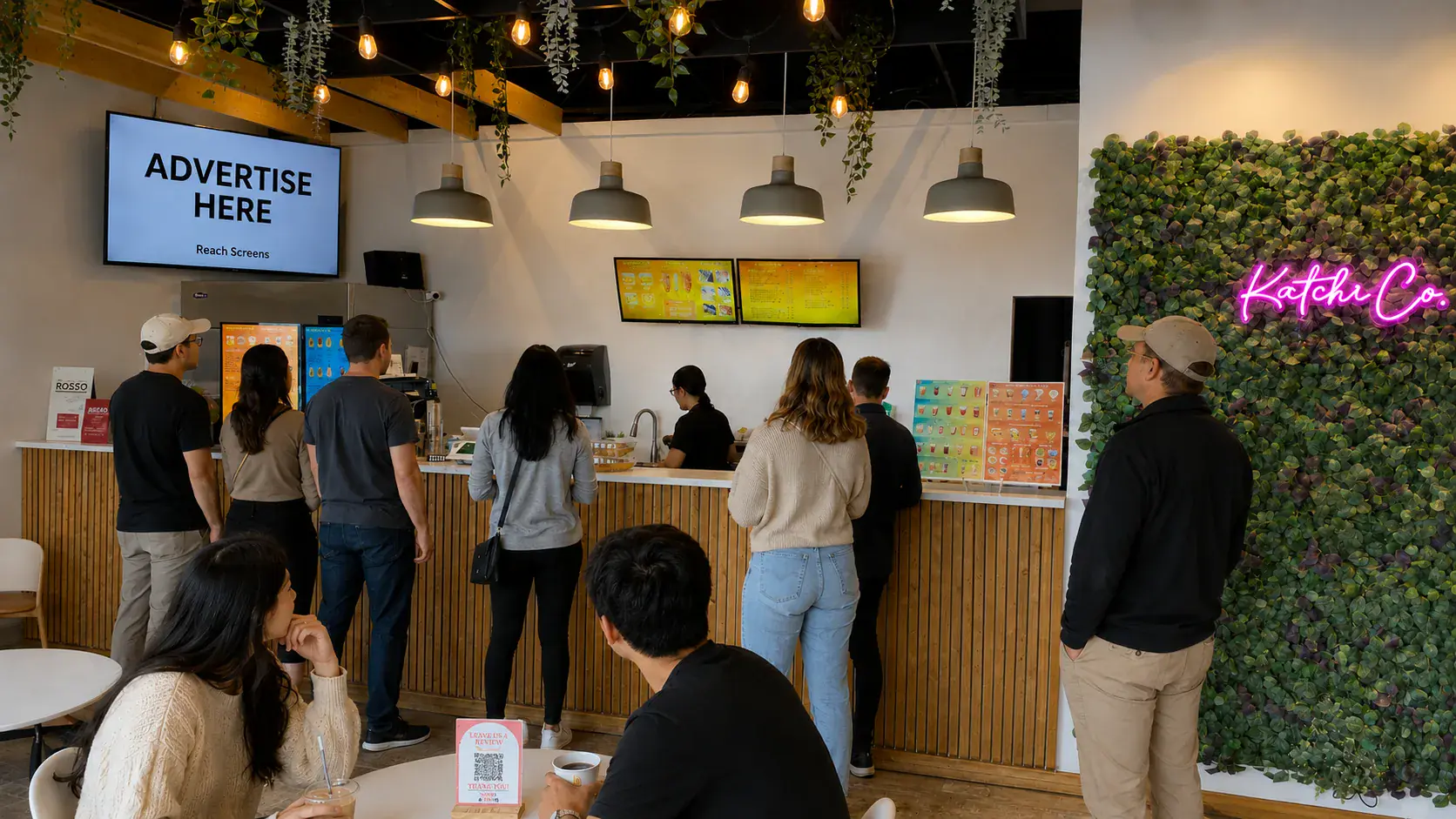 Cafe — customers ordering with the Reach Screen on the wall